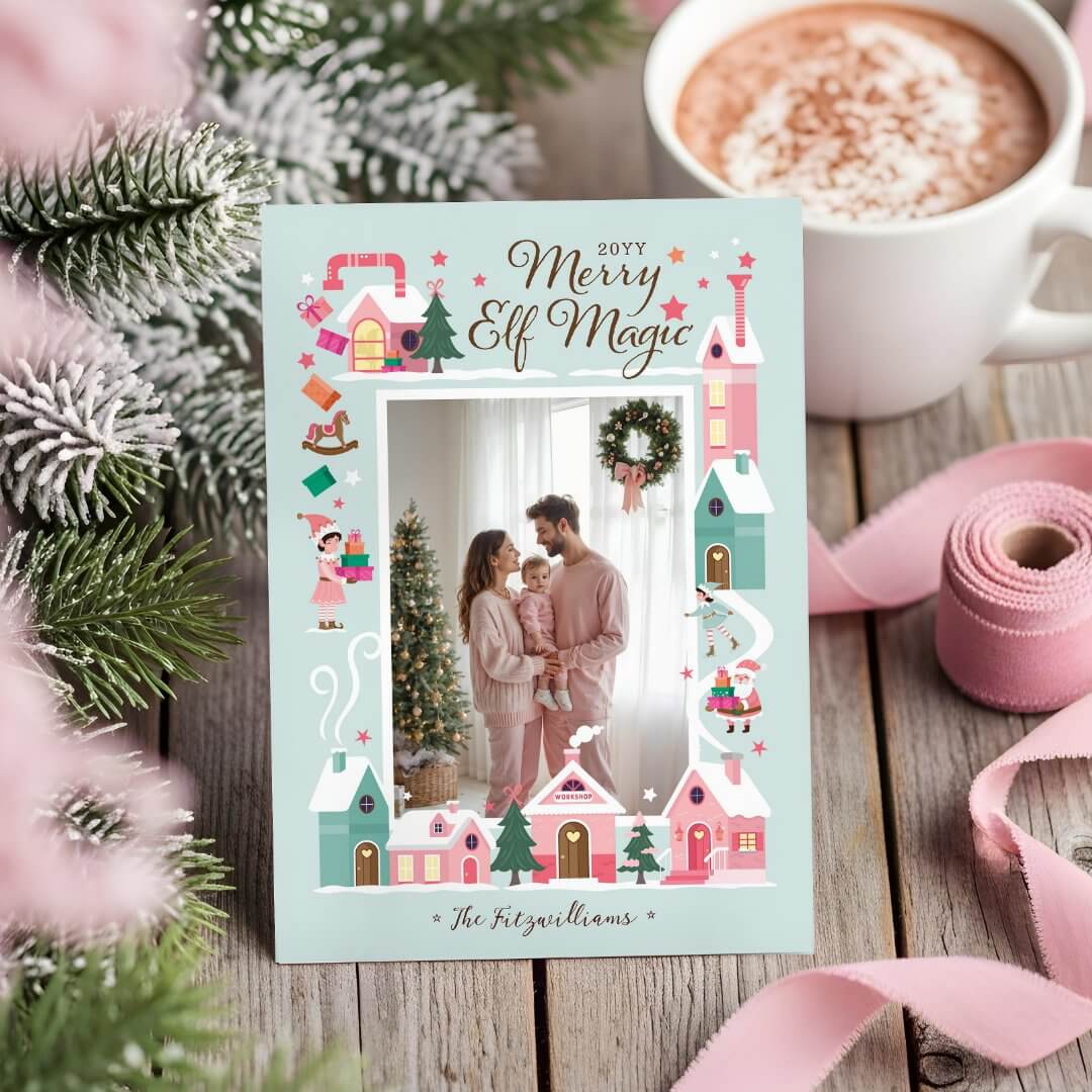 North Pole Pink Elf Workshop Santa Photo Holiday Card