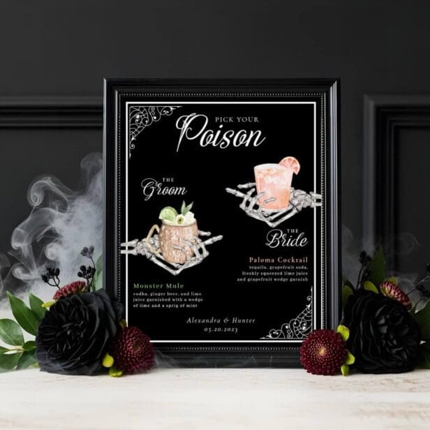 Pick Your Poison Skeleton Bride & Groom Cocktails Poster