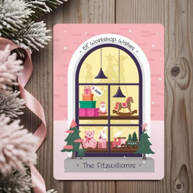 Santa's Elves Pink Christmas Toy Workshop Window Holiday Card