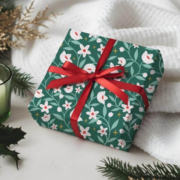 Stary Botanical Floral Blossom Vine Leaf Pattern Green Wrapping Paper