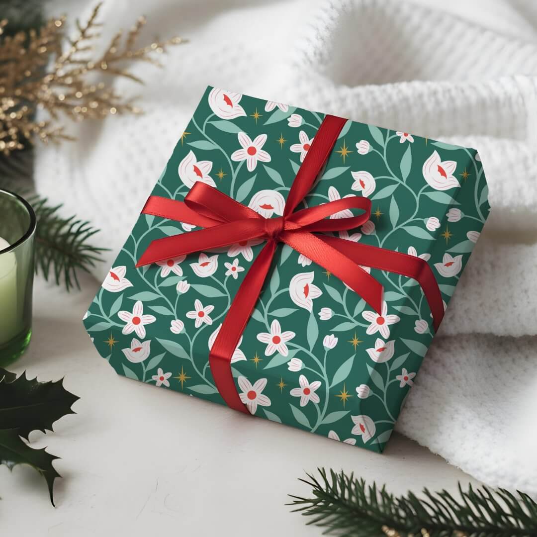 Stary Botanical Floral Blossom Vine Leaf Pattern Green Wrapping Paper