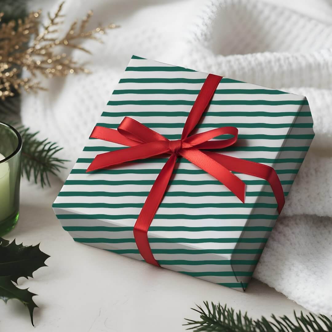 Wavy Modern Minimal Green & White Stripe Pattern Wrapping Paper
