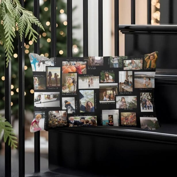 Year in Moments 25 Family Photo Collage & Captions Black Lumbar Pillow