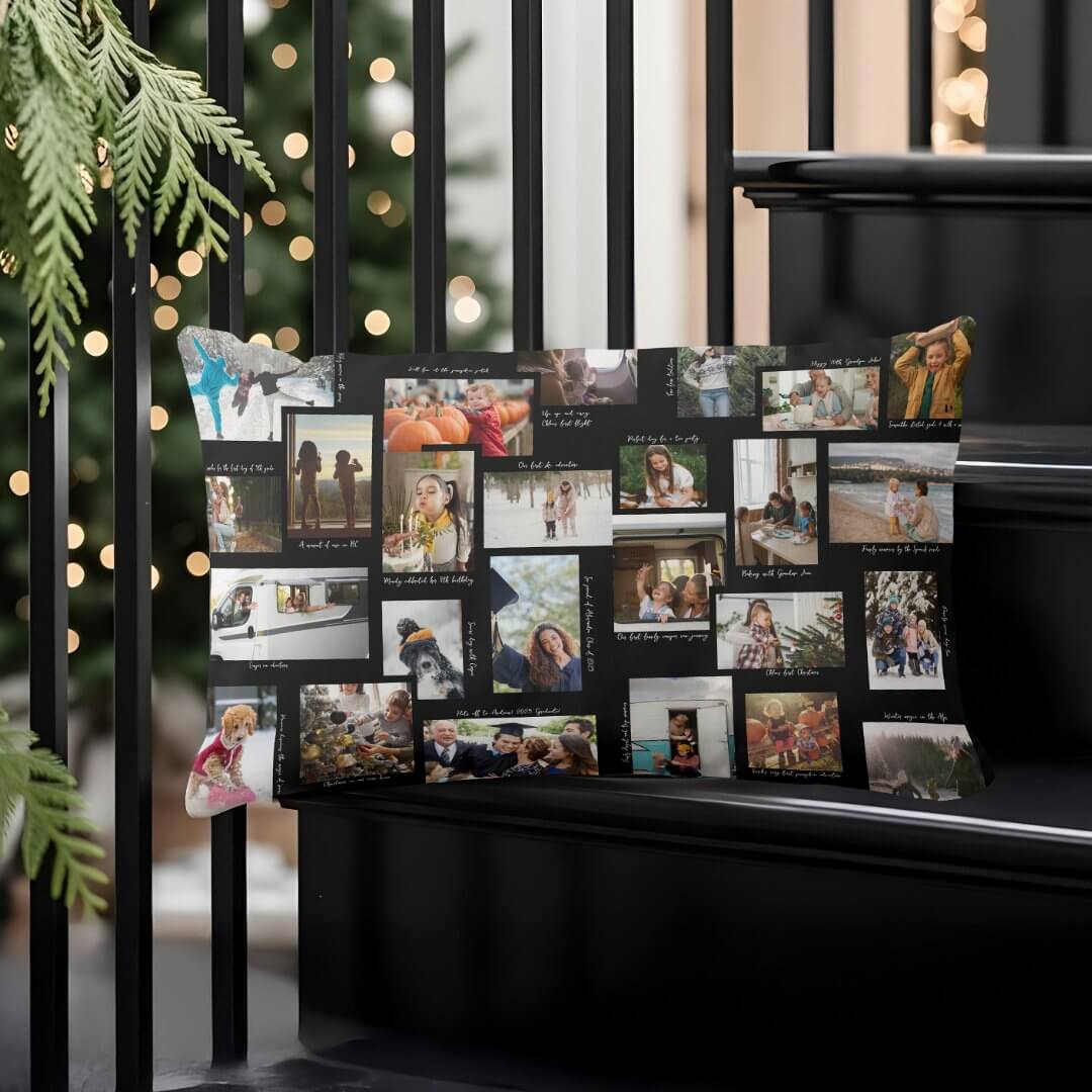 Year in Moments 25 Family Photo Collage & Captions Black Lumbar Pillow