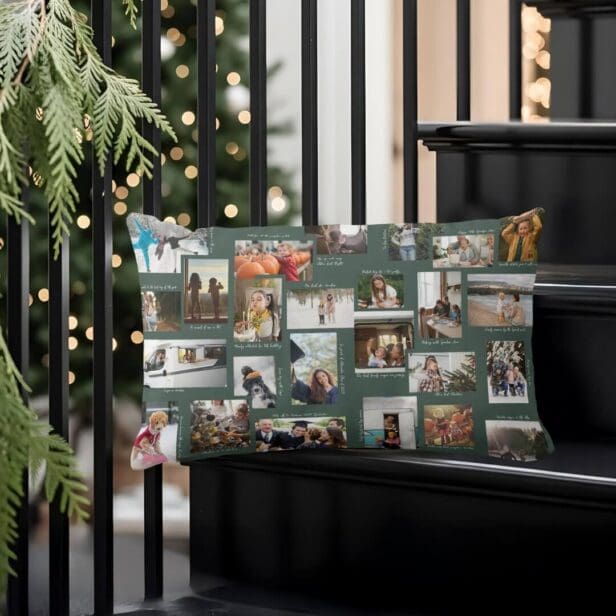 Year in Moments 25 Family Photo Collage & Captions Green Lumbar Pillow