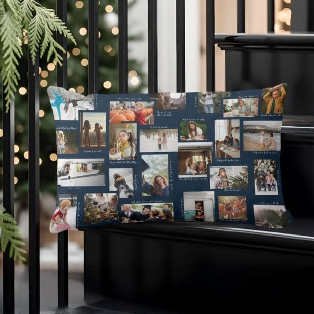 Year in Moments 25 Family Photo Collage & Captions Navy Lumbar Pillow