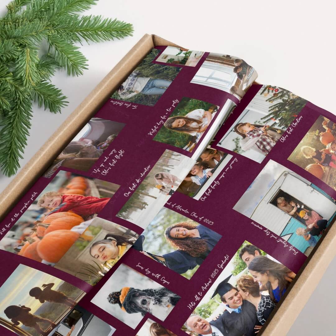 Year in Moments 25 Family Photo Collage & Captions Burgundy Tissue Paper