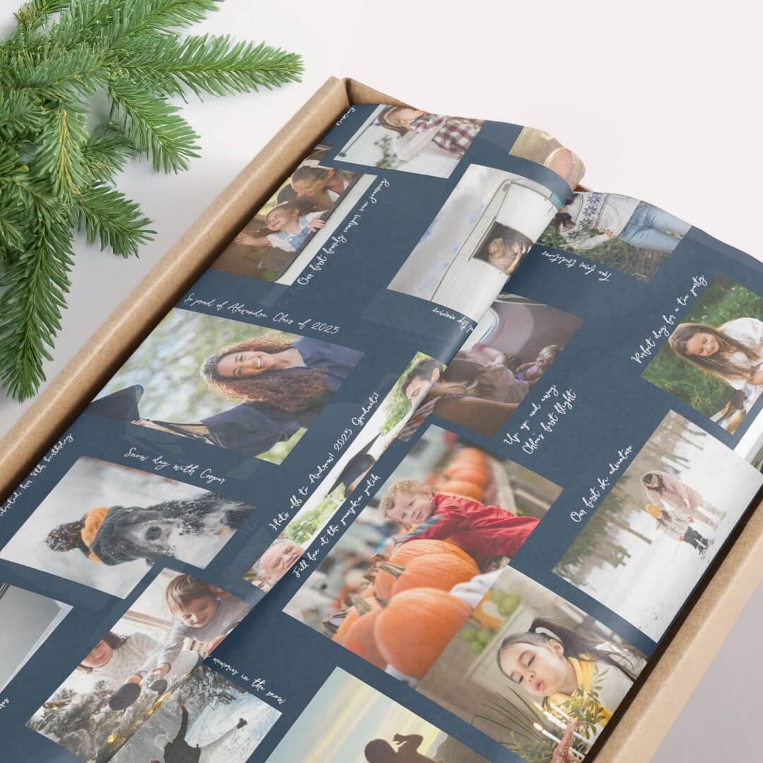 Year in Moments 25 Family Photo Collage & Captions Navy Tissue Paper