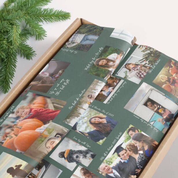 Year in Moments 25 Family Photo Collage & Captions Green Tissue Paper