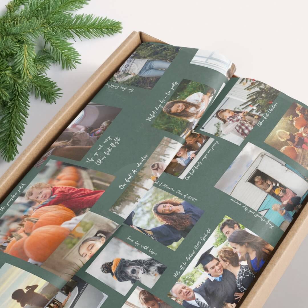 Year in Moments 25 Family Photo Collage & Captions Green Tissue Paper