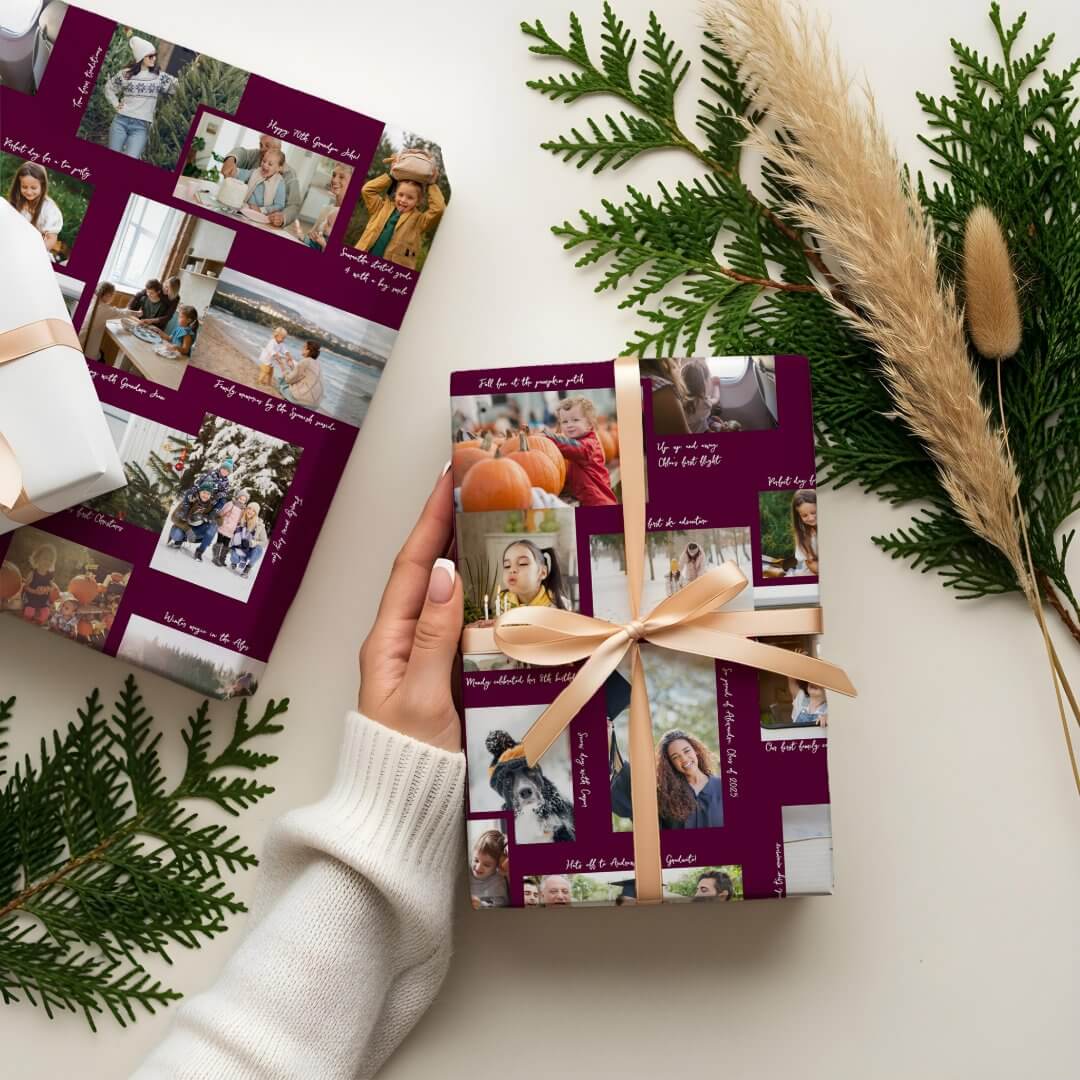 Year in Moments 25 Family Photo Collage & Captions Burgundy Wrapping Paper Sheets