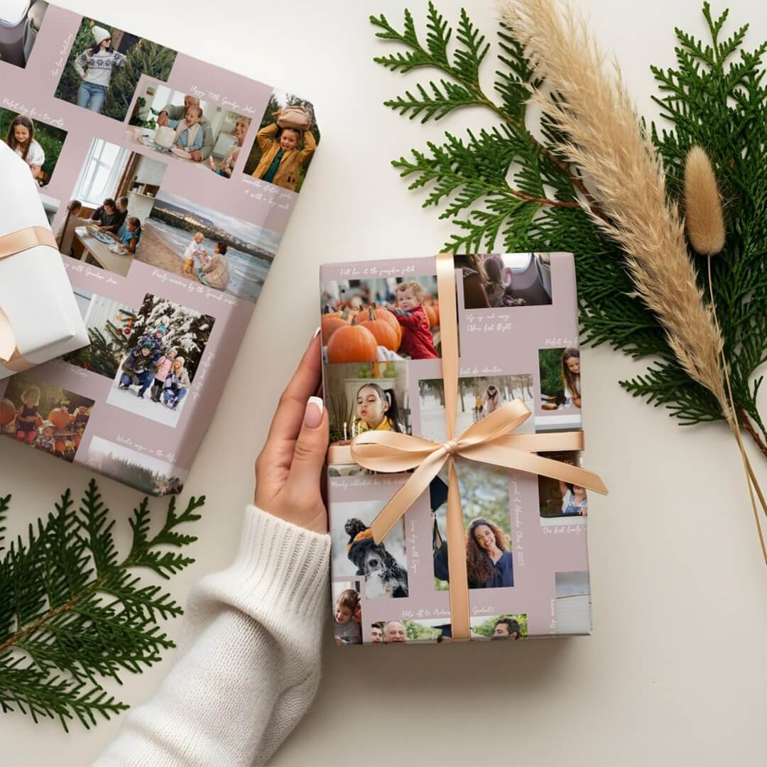 Year in Moments 25 Family Photo Collage & Captions Pink Wrapping Paper Sheets