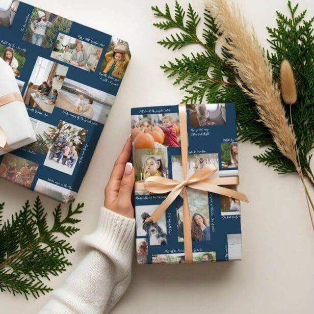 Year in Moments 25 Family Photo Collage & Captions Navy Wrapping Paper Sheets