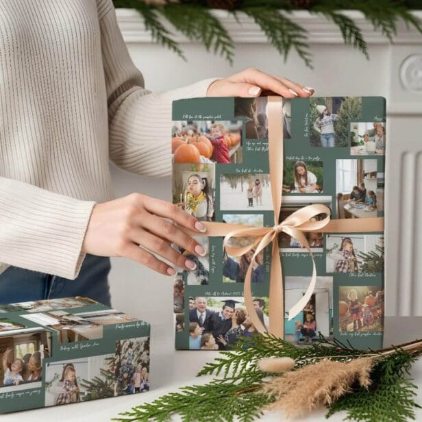 Year in Moments 25 Family Photo Collage & Captions Green Wrapping Paper Sheets