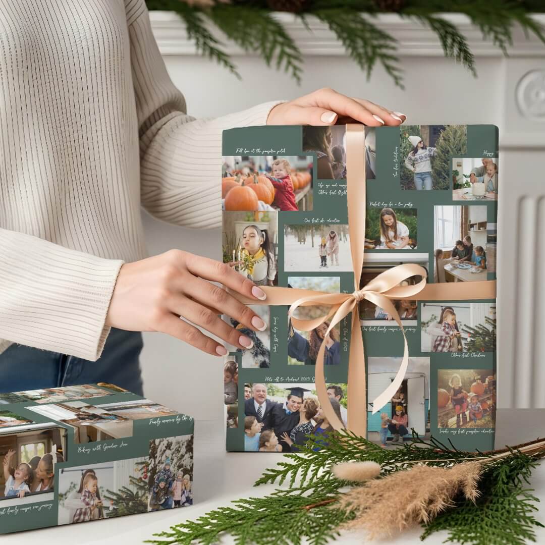 Year in Moments 25 Family Photo Collage & Captions Green Wrapping Paper Sheets