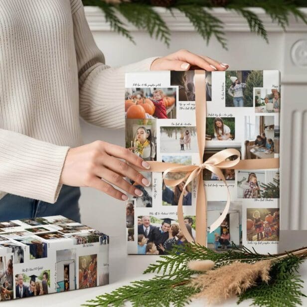 Year in Moments 25 Family Photo Collage & Captions White Wrapping Paper Sheets