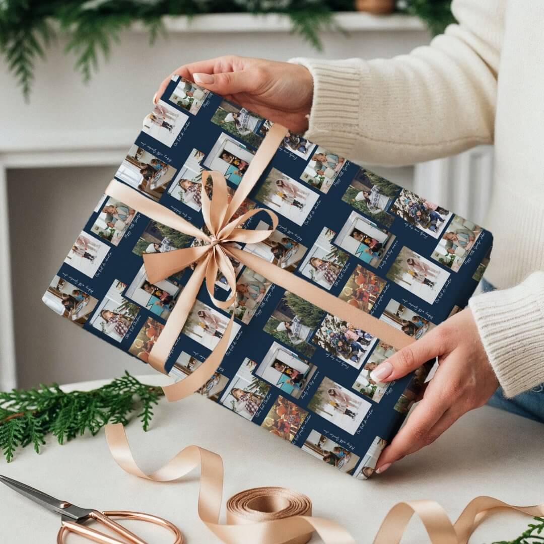 Year in Moments 8 Family Photo Collage & Captions Navy Wrapping Paper
