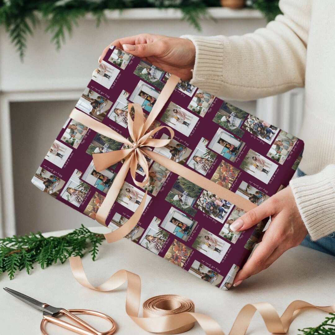Year in Moments 8 Family Photo Collage & Captions Burgundy Wrapping Paper