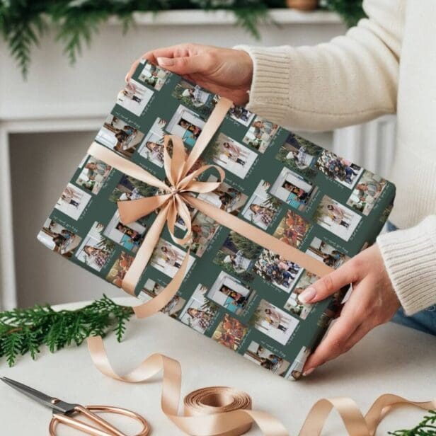 Year in Moments 8 Family Photo Collage & Captions Green Wrapping Paper