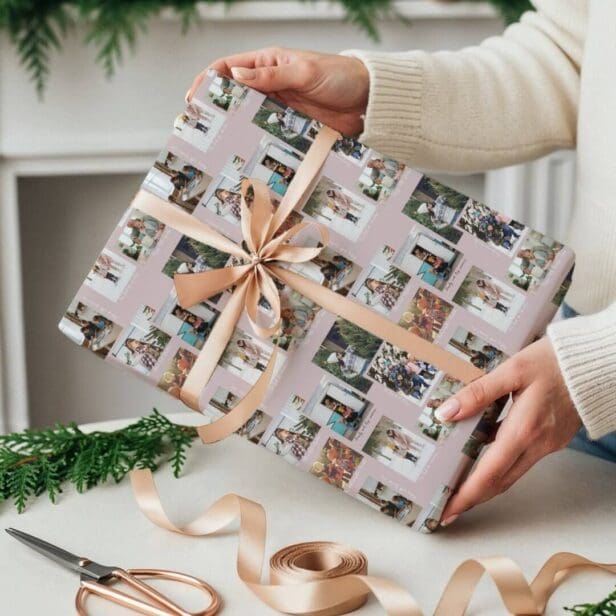 Year in Moments 8 Family Photo Collage & Captions Blush Pink Wrapping Paper