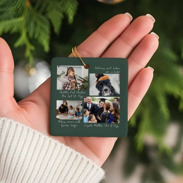 Year in Moments Family Photo Collage & Captions Ceramic Green Ornament