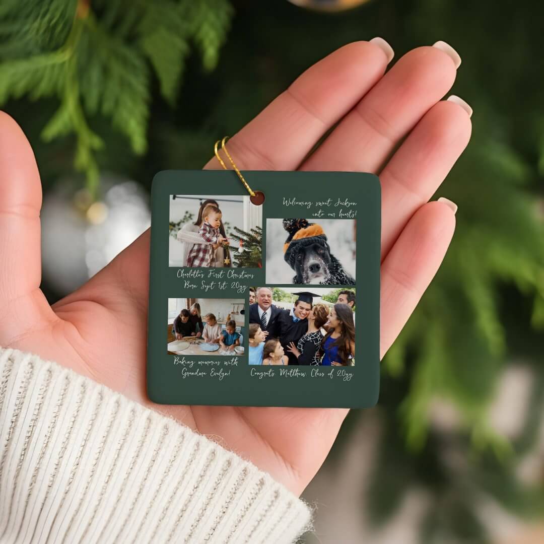 Year in Moments Family Photo Collage & Captions Ceramic Green Ornament