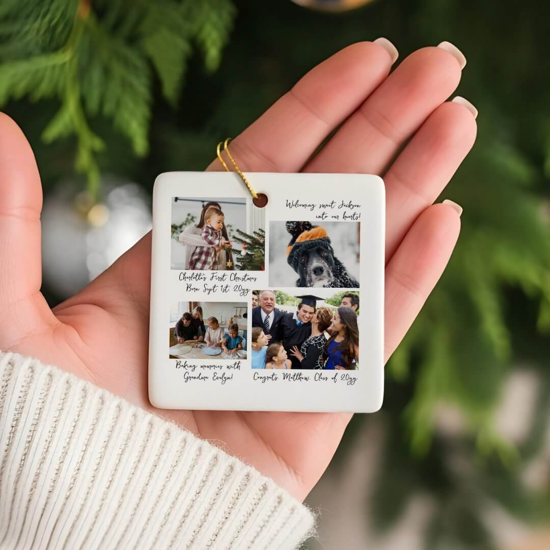 Year in Moments Family Photo Collage & Captions Ceramic Navy Ornament