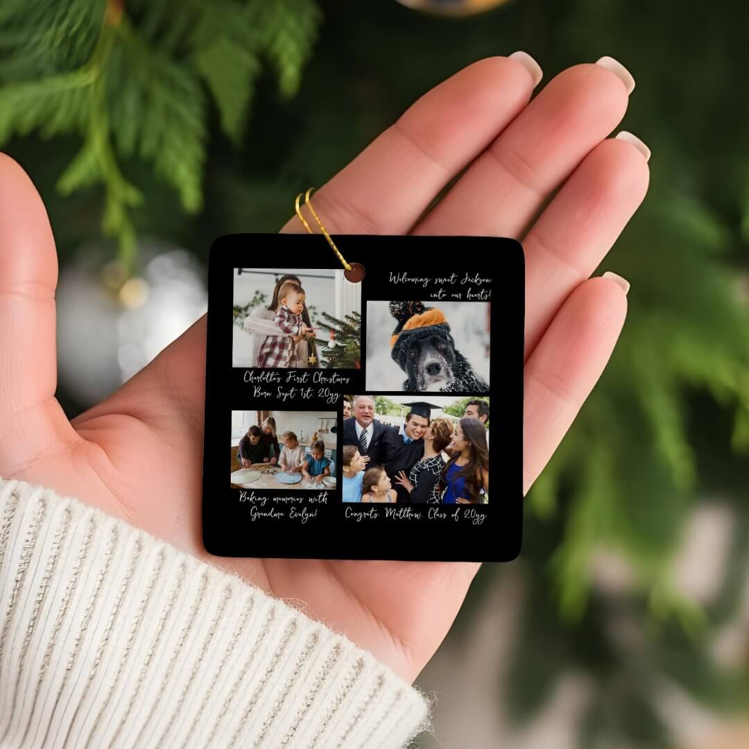 Year in Moments Family Photo Collage & Captions Ceramic Black Ornament
