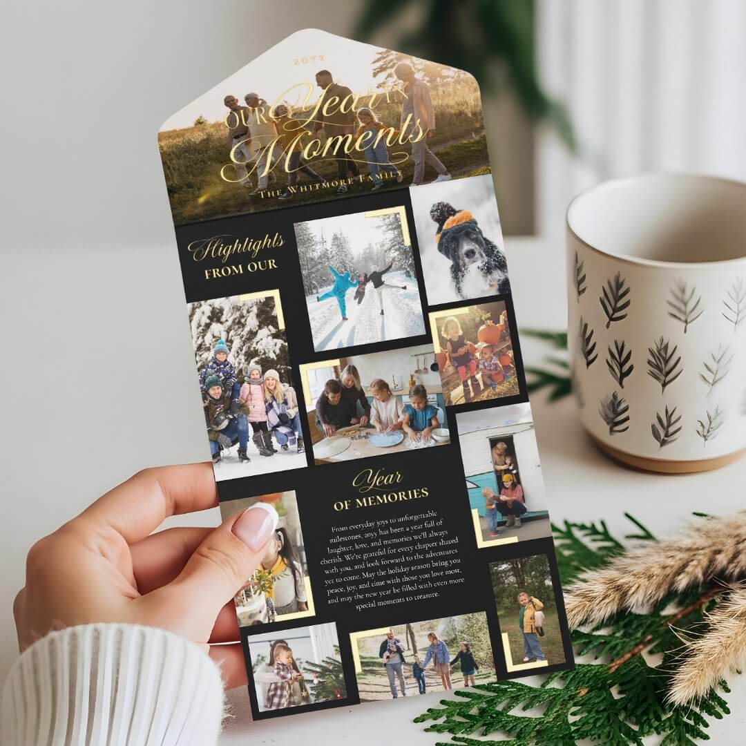 Year in Moments Family Photo Collage Foil Black Christmas Card