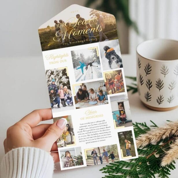 Year in Moments Family Photo Collage Foil White Christmas Card