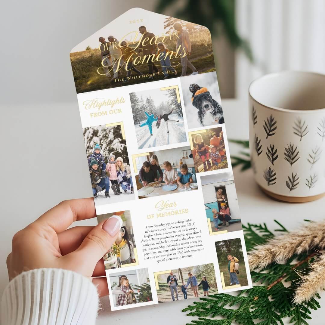Year in Moments Family Photo Collage Foil White Christmas Card
