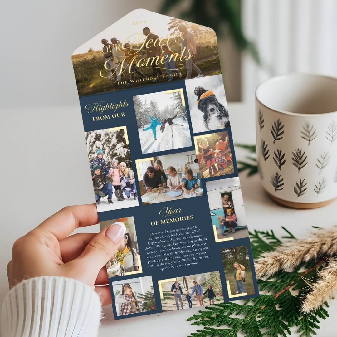 Year in Moments Family Photo Collage Foil Navy Christmas Card