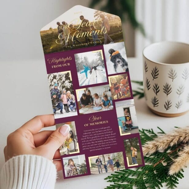 Year in Moments Family Photo Collage Foil Burgundy Christmas Card