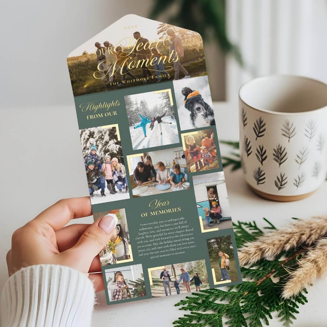 Year in Moments Family Photo Collage Foil Green Christmas Card