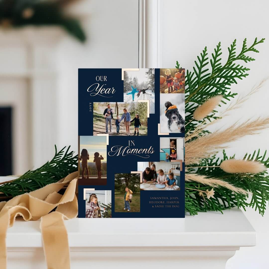 Year in Moments Family Photo Collage Christmas Foil Navy Blue Holiday Card