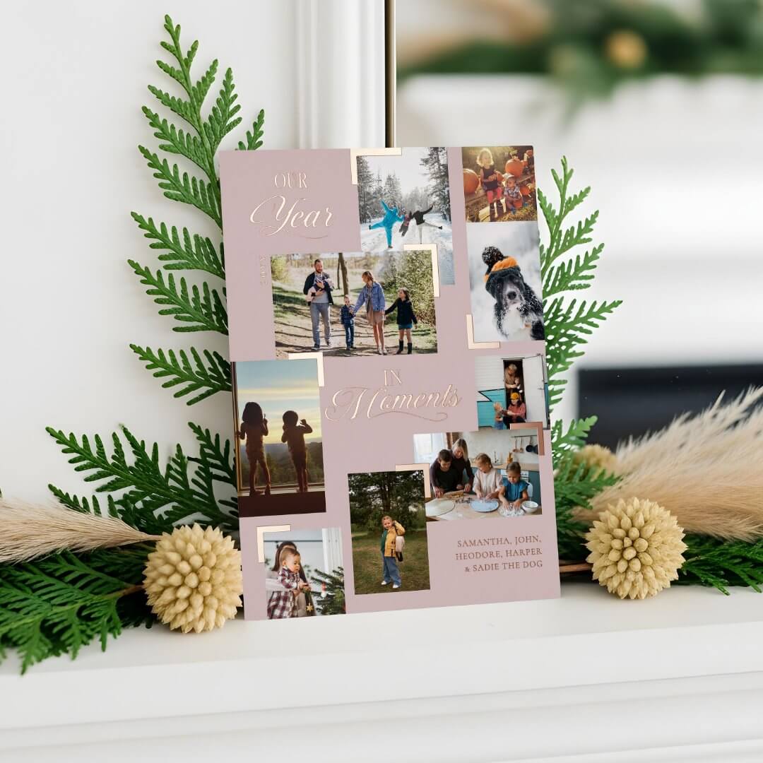 Year in Moments Family Photo Collage Christmas Foil Pink Holiday Card