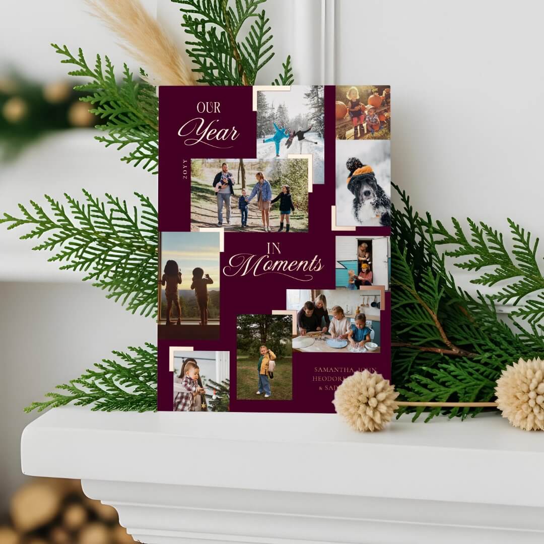 Year in Moments Family Photo Collage Christmas Foil Burgundy Holiday Card