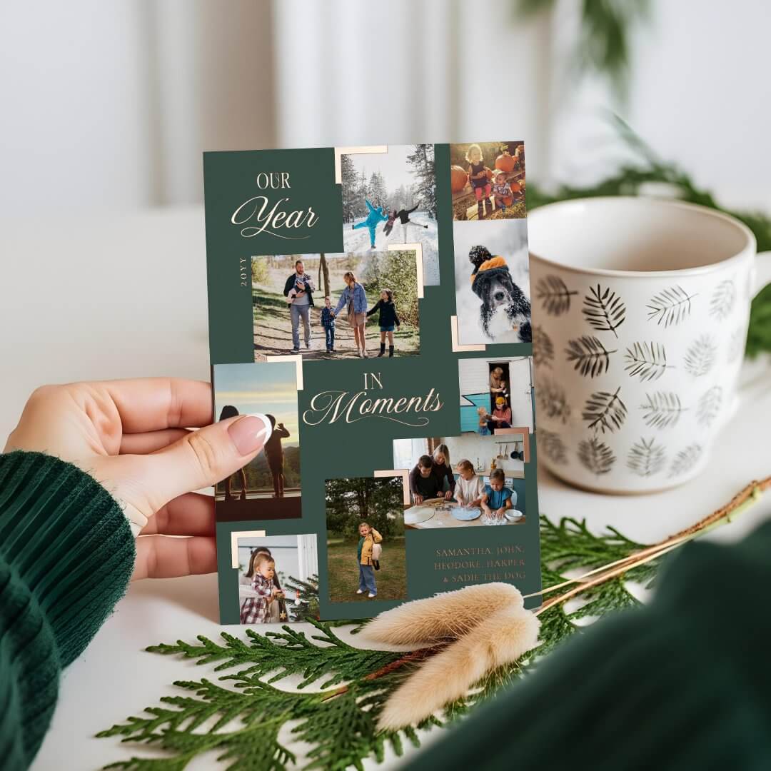 Year in Moments Family Photo Collage Christmas Foil Green Holiday Card