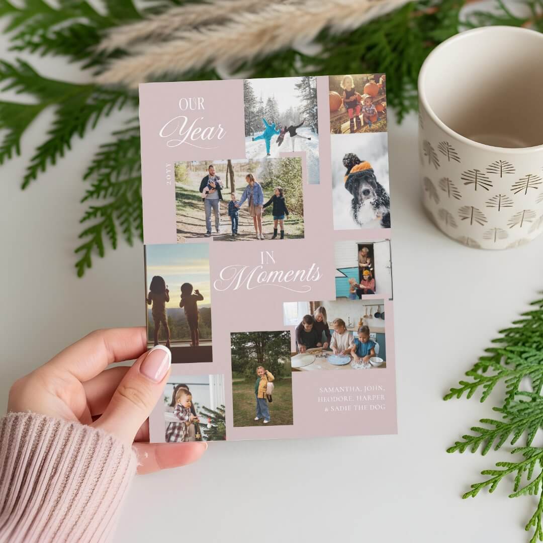 Year in Moments Family Photo Collage Christmas Pink Holiday Card