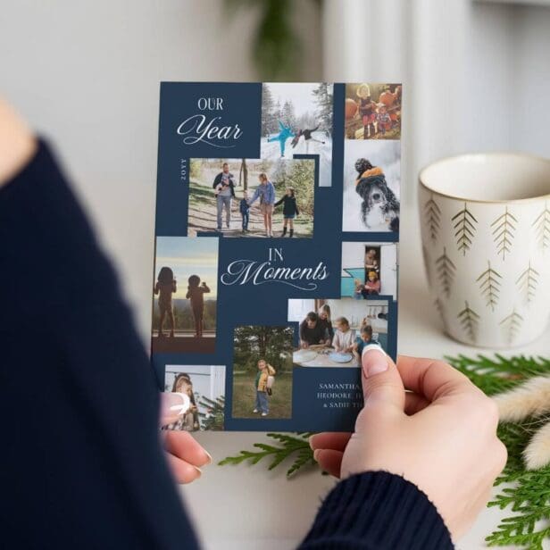 Year in Moments Family Photo Collage Christmas Navy Blue Holiday Card