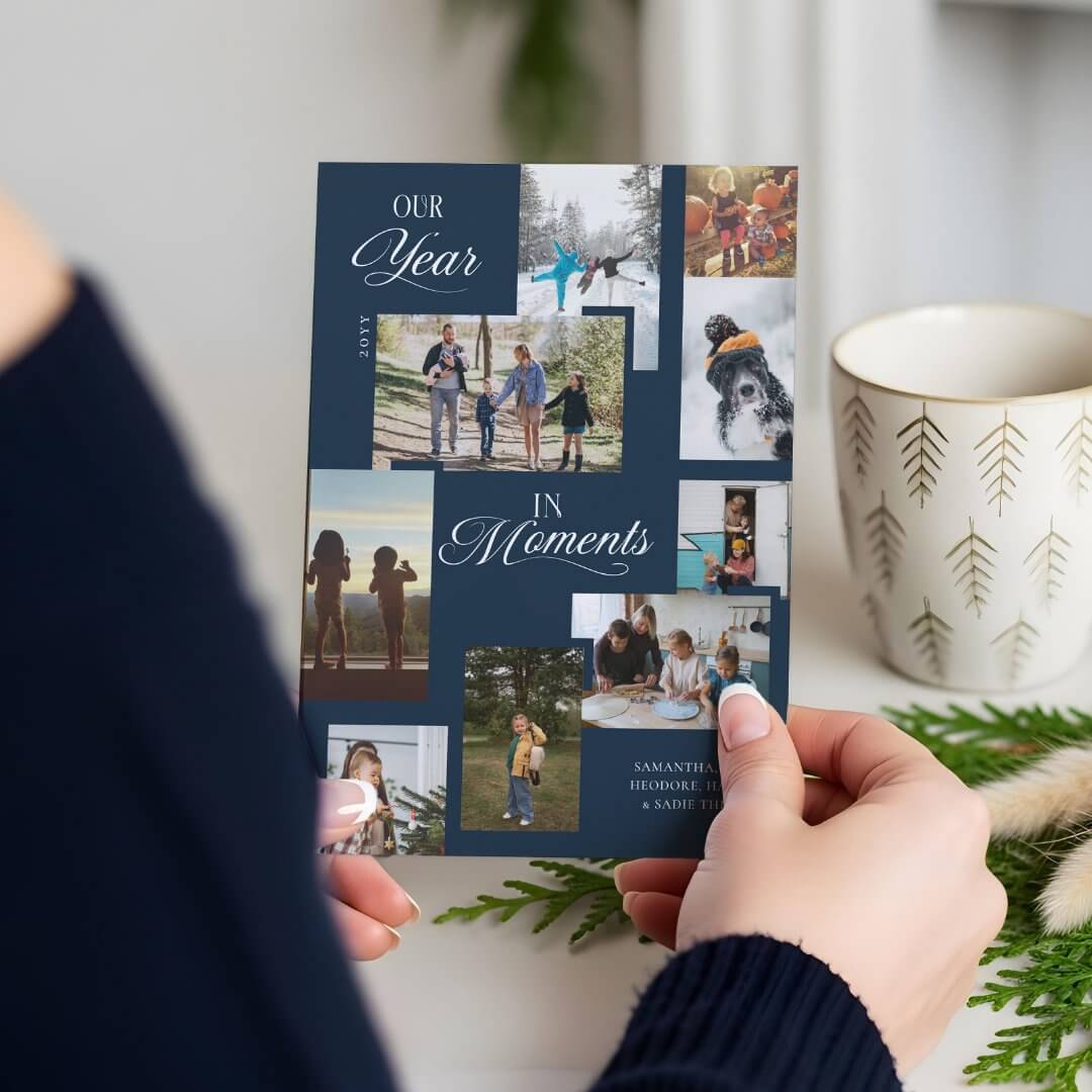 Year in Moments Family Photo Collage Christmas Navy Blue Holiday Card