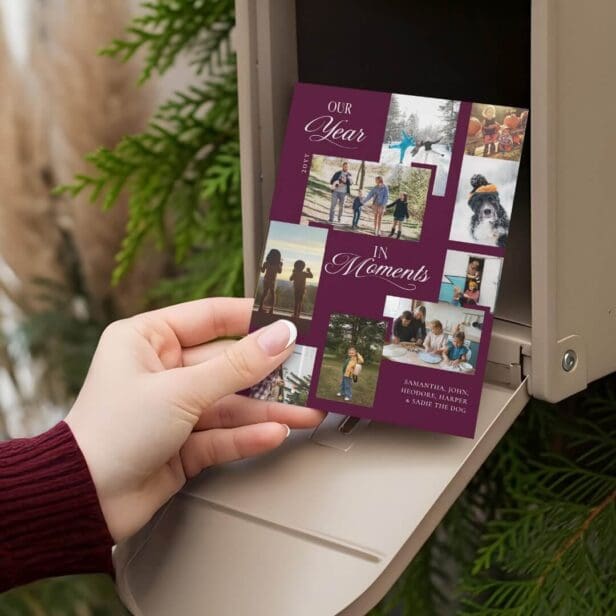 Year in Moments Family Photo Collage Christmas Burgundy Holiday Card