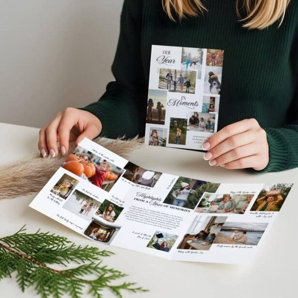 Year in Moments Family Photo Collage Christmas Tri-Fold White Holiday Card