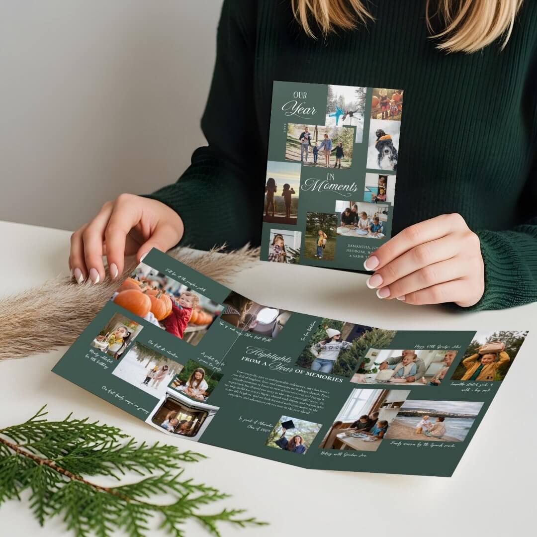 Year in Moments Family Photo Collage Christmas Tri-Fold Green Holiday Card