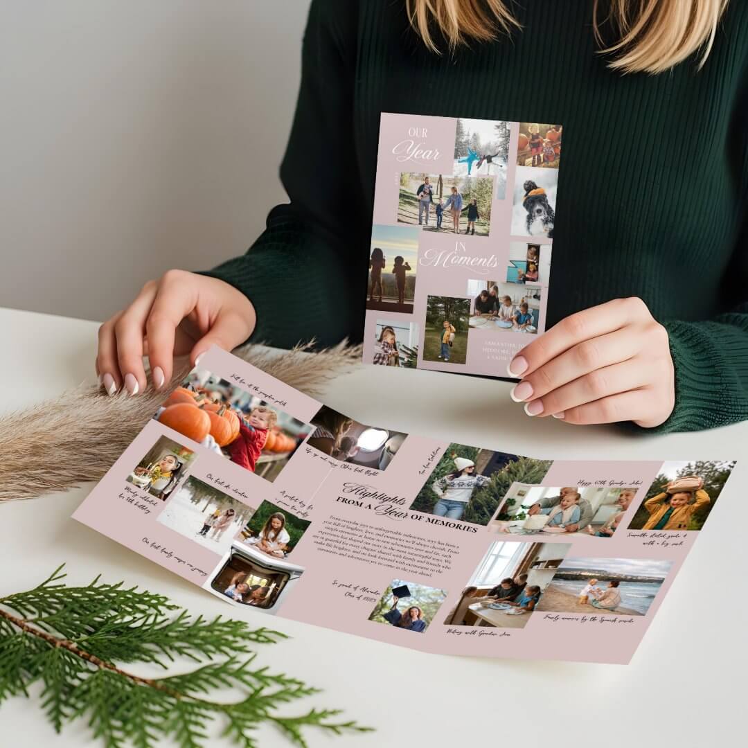 Year in Moments Family Photo Collage Christmas Tri-Fold Blush Pink Holiday Card