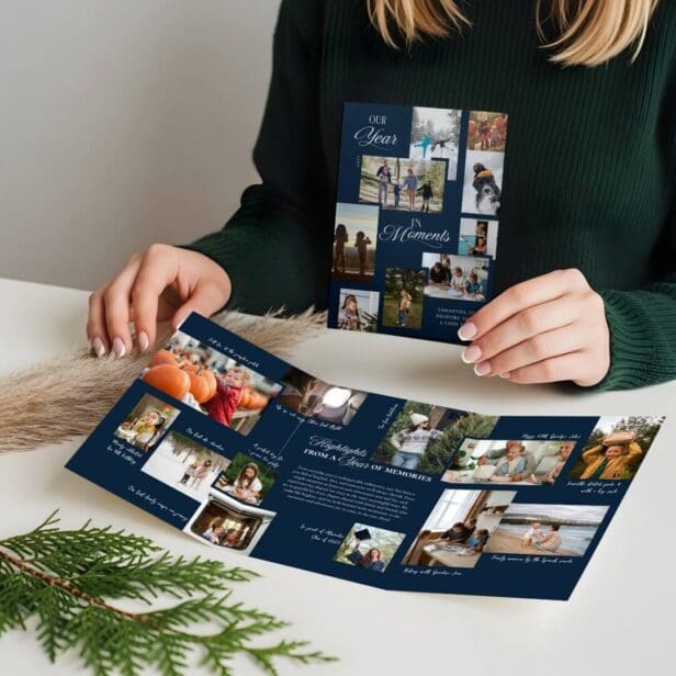 Year in Moments Family Photo Collage Christmas Tri-Fold Navy Blue Holiday Card