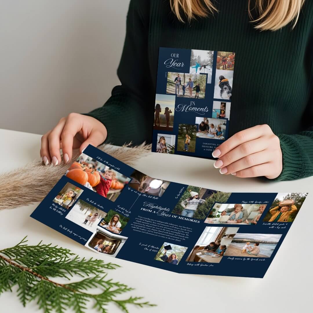 Year in Moments Family Photo Collage Christmas Tri-Fold Navy Blue Holiday Card