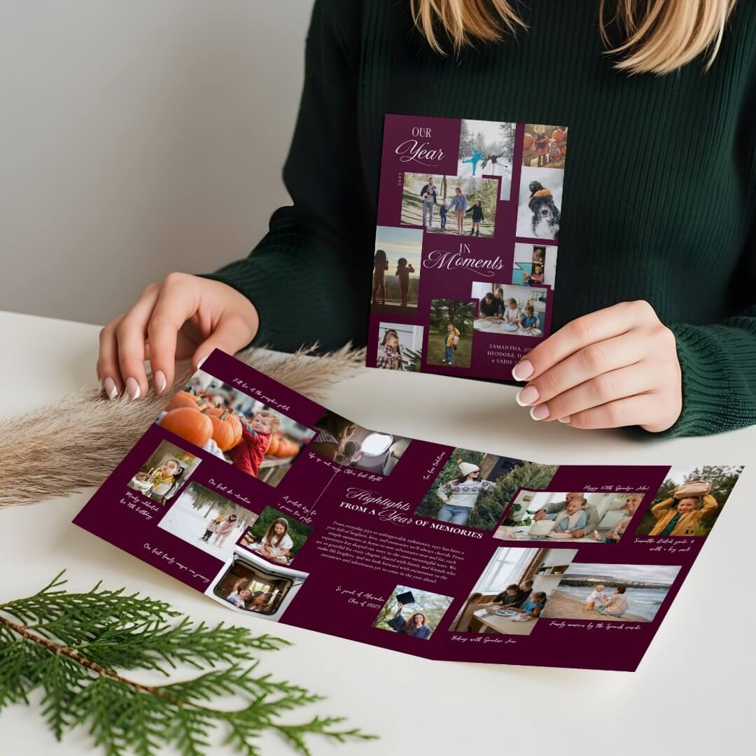 Year in Moments Family Photo Collage Christmas Tri-Fold Burgundy Holiday Card