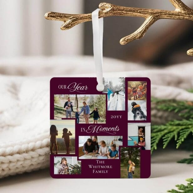 Year in Moments Family Photo Collage Keepsake Gift Burgundy Metal Ornament