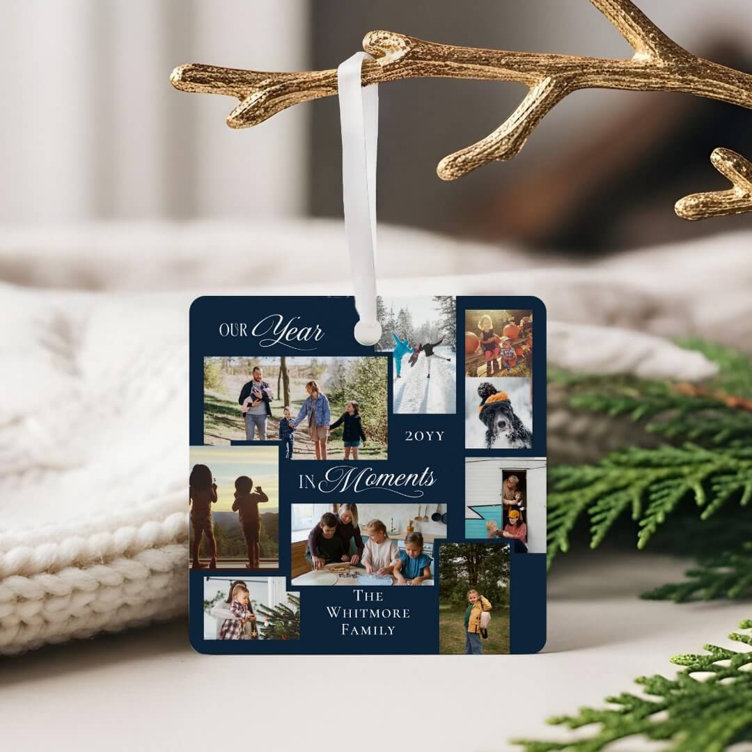 Year in Moments Family Photo Collage Keepsake Gift Navy Metal Ornament